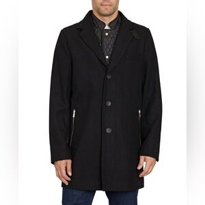 Sean John Men's Single Breasted Overcoat with Quilted Bib - Black Size2XL